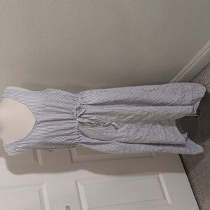 ✅Nordstrom Rack Blue White Linen Pinstripe Dress Tie Waist Elastic Tank Relaxed